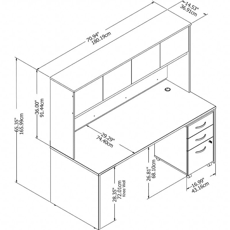 72" Office Desk with Hutch & 3-Drawer Mobile File Cabinet