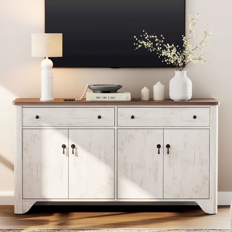 59" Farmhouse TV Stand for 65" TVs with 2 Drawers, Storage Cabinets & Adjustable Shelves