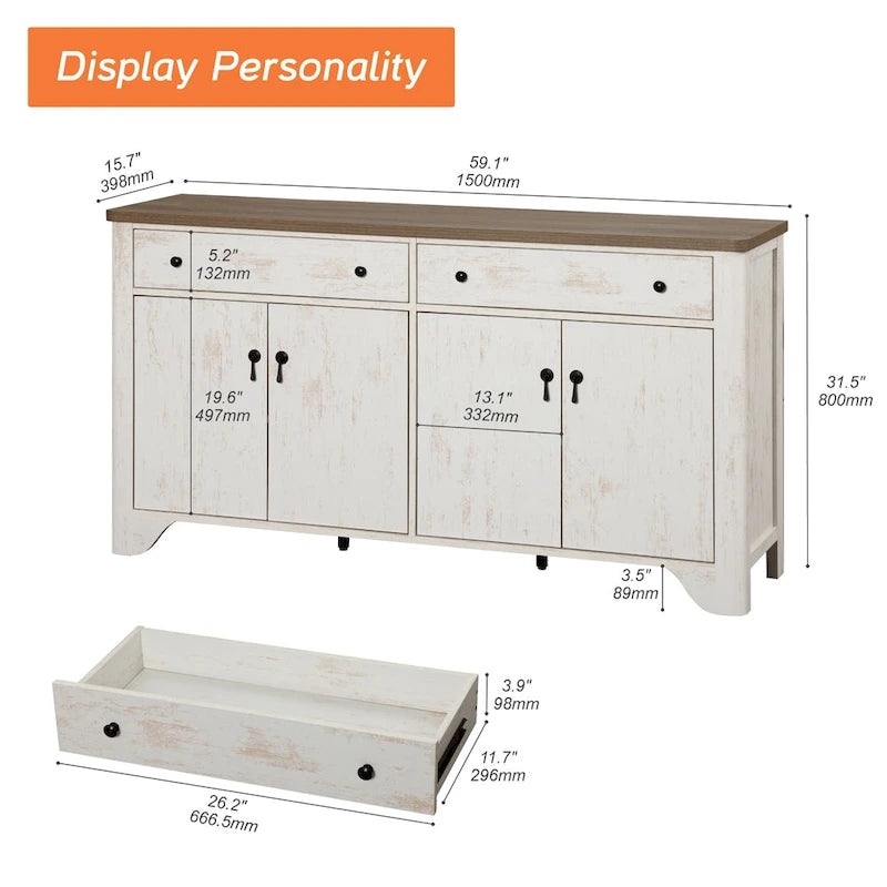 59" Farmhouse TV Stand for 65" TVs with 2 Drawers, Storage Cabinets & Adjustable Shelves