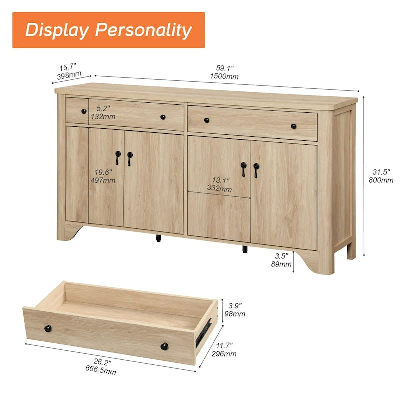 59" Farmhouse TV Stand for 65" TVs with 2 Drawers, Storage Cabinets & Adjustable Shelves