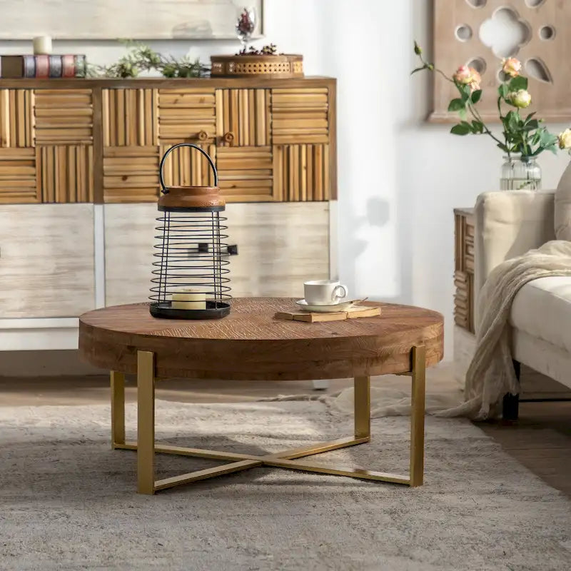 Retro Round Coffee Table | Fir Wood Top & Gold Cross Metal Legs
