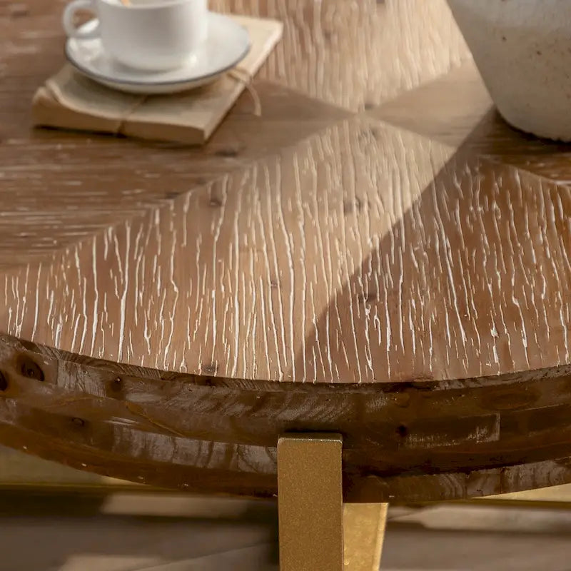 Retro Round Coffee Table | Fir Wood Top & Gold Cross Metal Legs