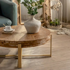 Retro Round Coffee Table | Fir Wood Top & Gold Cross Metal Legs