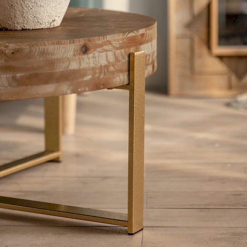 Retro Round Coffee Table | Fir Wood Top & Gold Cross Metal Legs