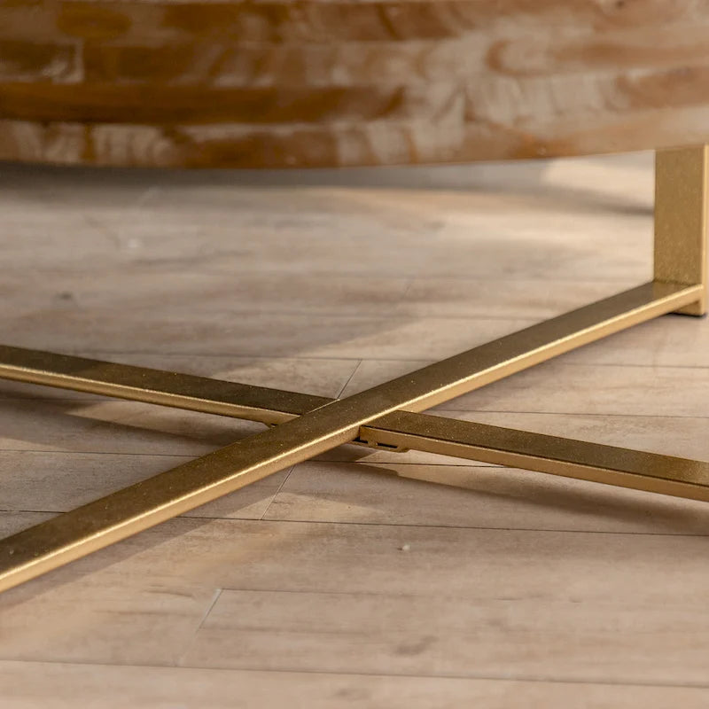 Retro Round Coffee Table | Fir Wood Top & Gold Cross Metal Legs