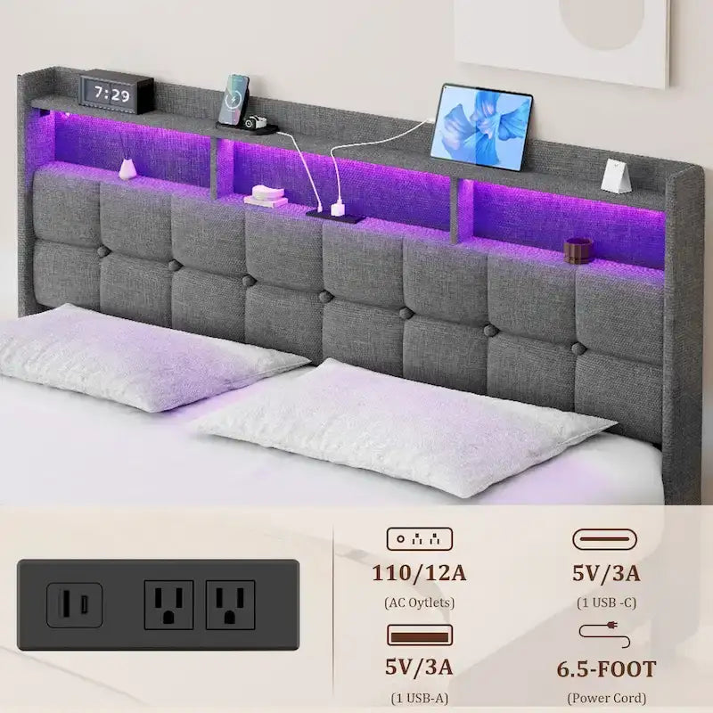 King Platform Bed | RGB Lighting, 20W USB Charging & Storage Headboard