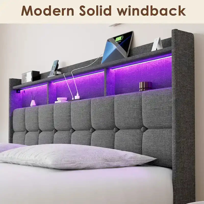 King Platform Bed | RGB Lighting, 20W USB Charging & Storage Headboard