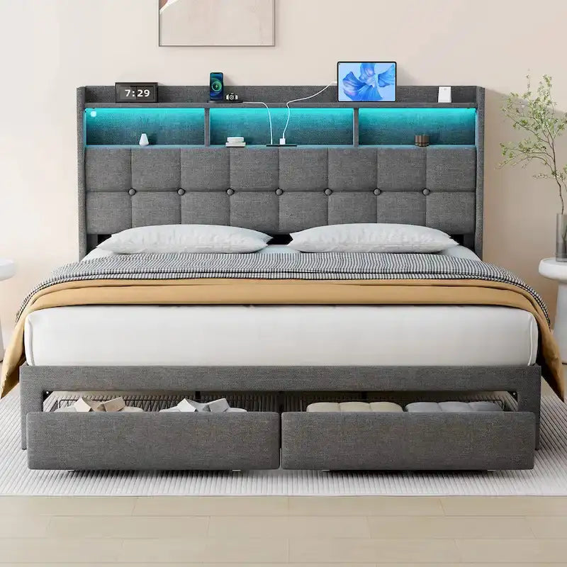 King Platform Bed | RGB Lighting, 20W USB Charging & Storage Headboard