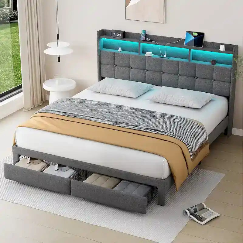 King Platform Bed | RGB Lighting, 20W USB Charging & Storage Headboard