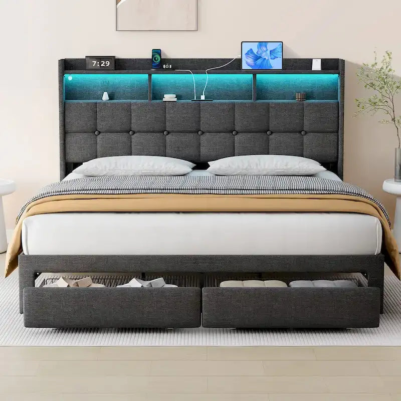 King Platform Bed | RGB Lighting, 20W USB Charging & Storage Headboard