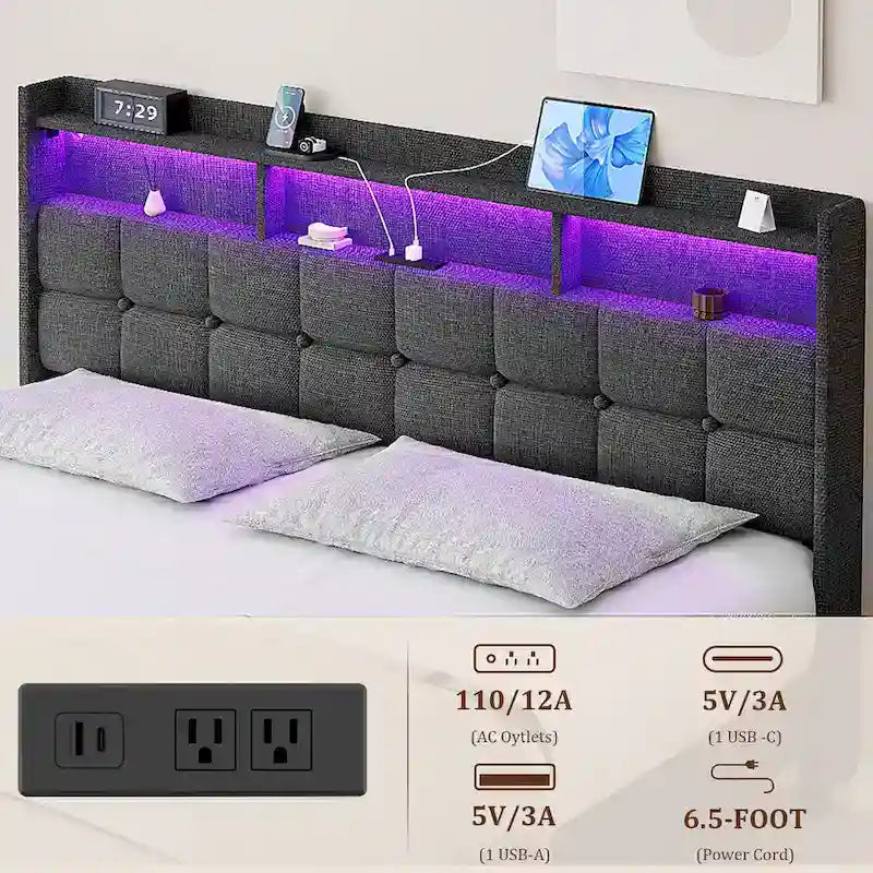 King Platform Bed | RGB Lighting, 20W USB Charging & Storage Headboard