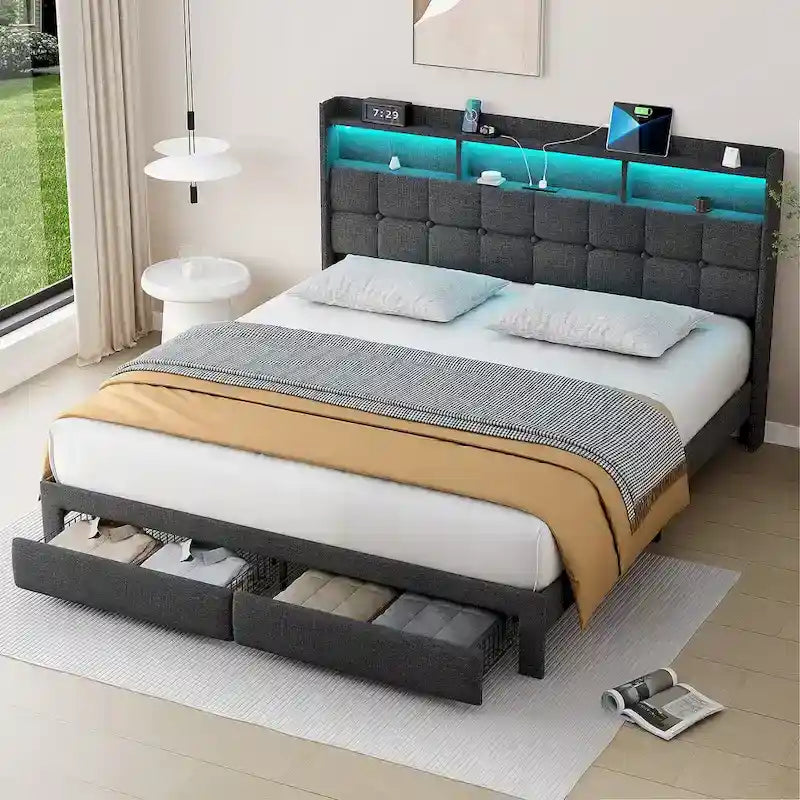 King Platform Bed | RGB Lighting, 20W USB Charging & Storage Headboard