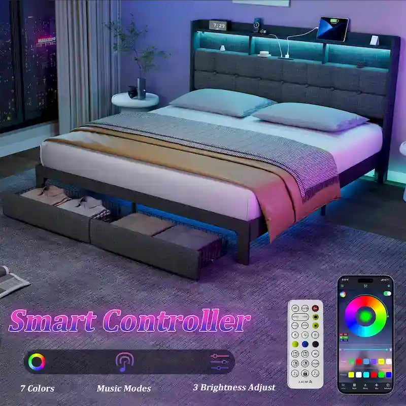 King Platform Bed | RGB Lighting, 20W USB Charging & Storage Headboard