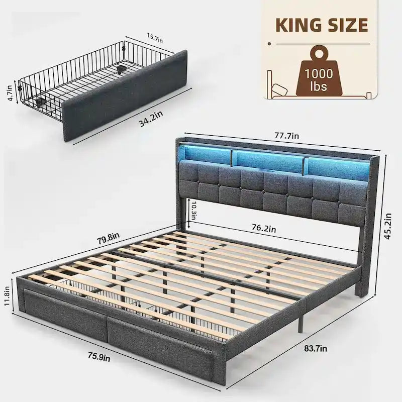 King Platform Bed | RGB Lighting, 20W USB Charging & Storage Headboard