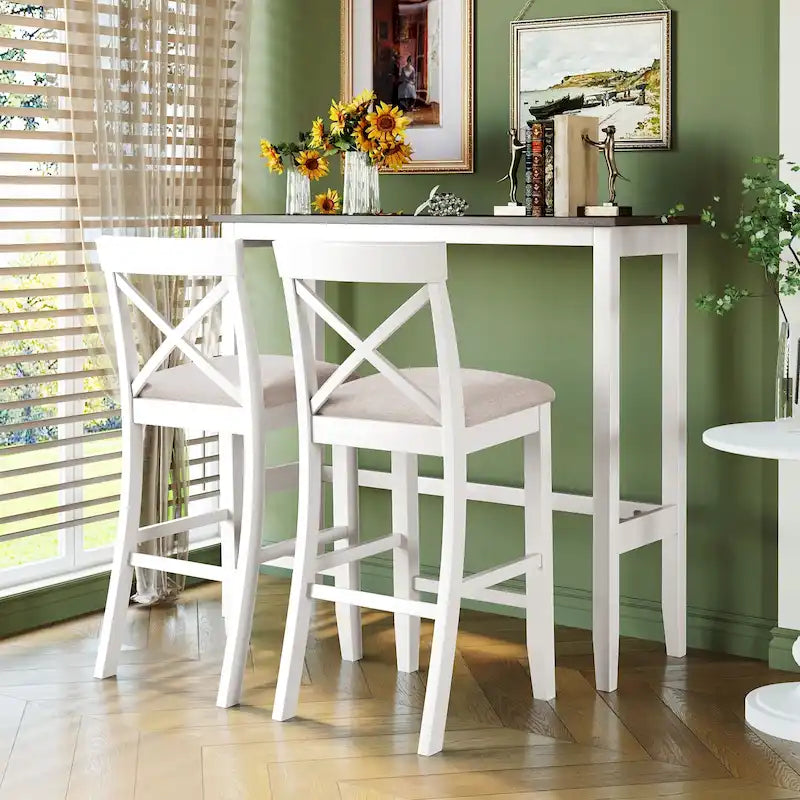 Farmhouse Dining Table with 2 Bar Chairs | Solid Acacia Wood