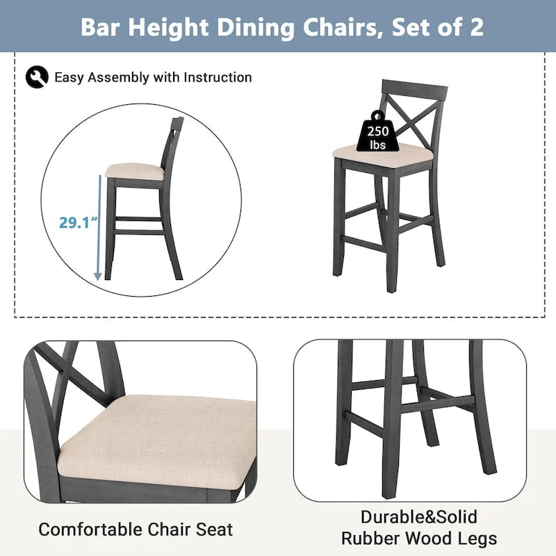 Farmhouse Dining Table with 2 Bar Chairs | Solid Acacia Wood