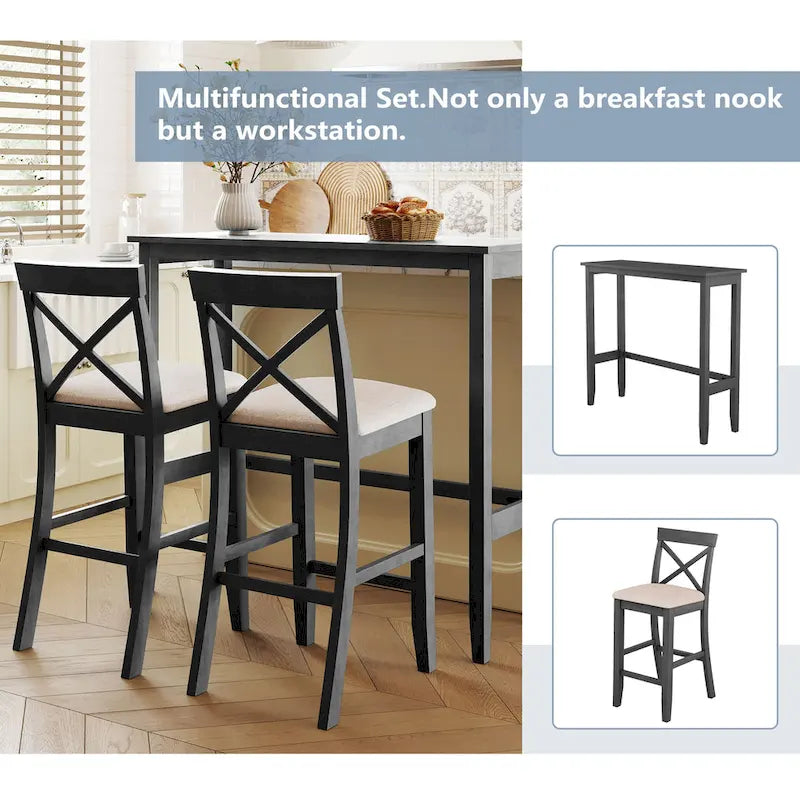 Farmhouse Dining Table with 2 Bar Chairs | Solid Acacia Wood