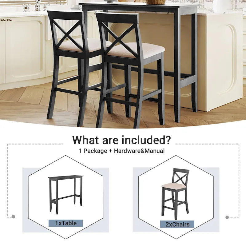Farmhouse Dining Table with 2 Bar Chairs | Solid Acacia Wood
