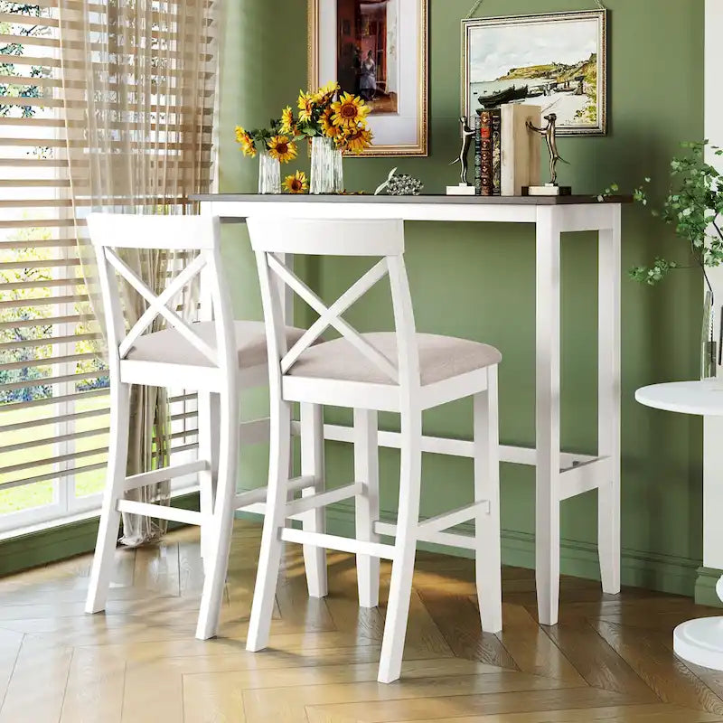 Farmhouse Dining Table with 2 Bar Chairs | Solid Acacia Wood