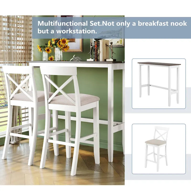 Farmhouse Dining Table with 2 Bar Chairs | Solid Acacia Wood