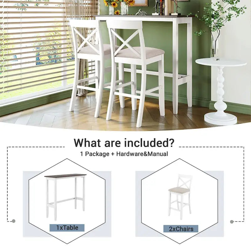 Farmhouse Dining Table with 2 Bar Chairs | Solid Acacia Wood