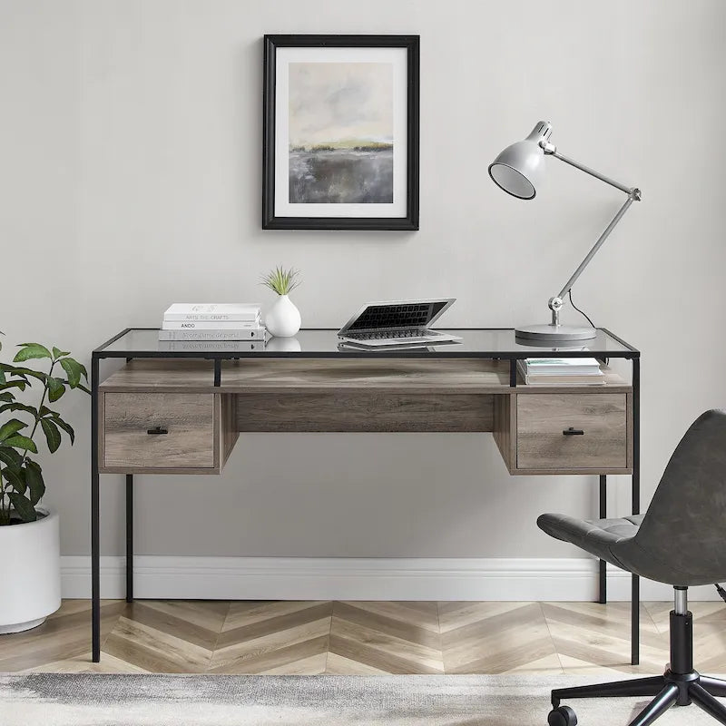 56" Glass Top Writing Desk with 2 Drawers | Tempered Glass & Steel
