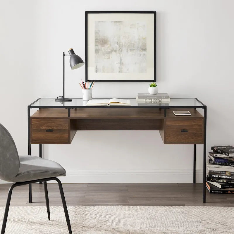 56" Glass Top Writing Desk with 2 Drawers | Tempered Glass & Steel