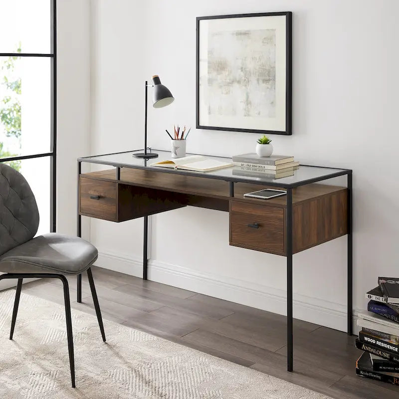 56" Glass Top Writing Desk with 2 Drawers | Tempered Glass & Steel