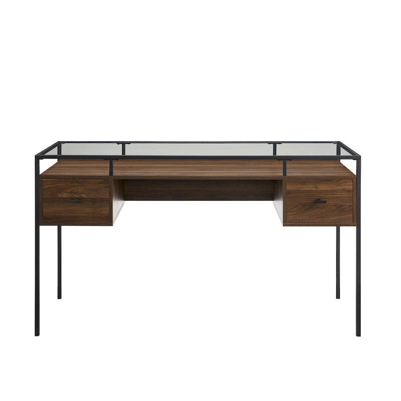 56" Glass Top Writing Desk with 2 Drawers | Tempered Glass & Steel