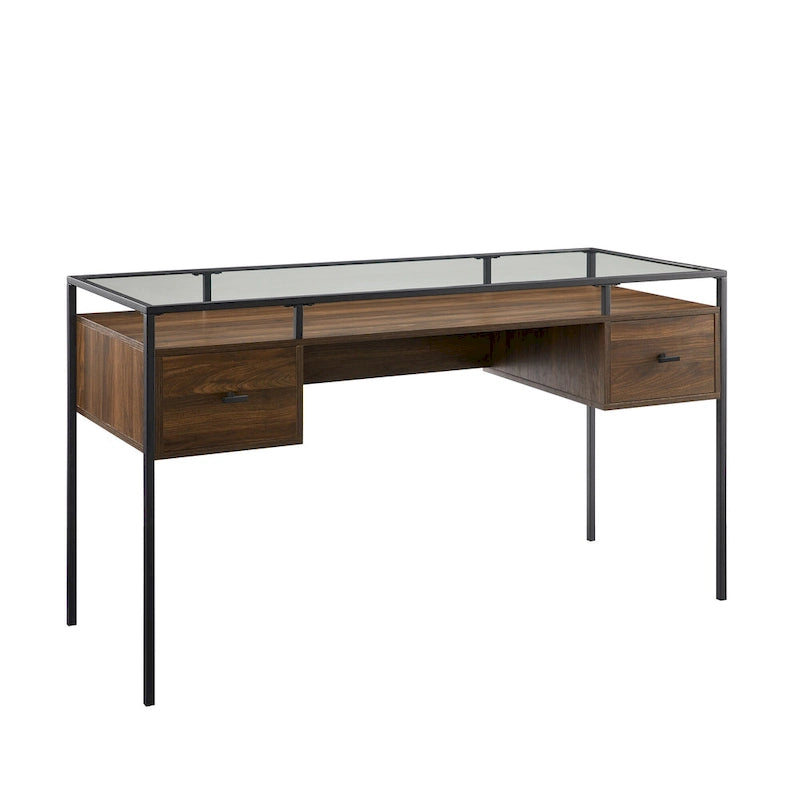 56" Glass Top Writing Desk with 2 Drawers | Tempered Glass & Steel
