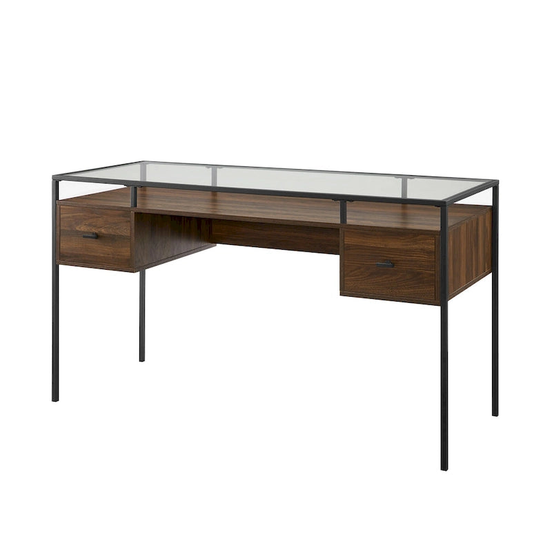 56" Glass Top Writing Desk with 2 Drawers | Tempered Glass & Steel