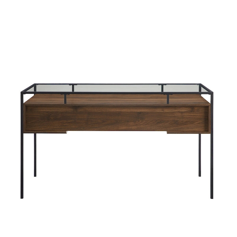 56" Glass Top Writing Desk with 2 Drawers | Tempered Glass & Steel