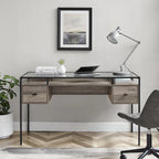 56" Glass Top Writing Desk with 2 Drawers | Tempered Glass & Steel