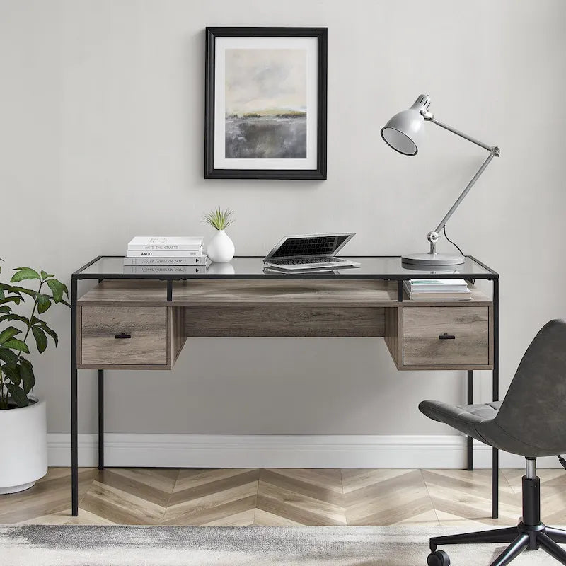 56" Glass Top Writing Desk with 2 Drawers | Tempered Glass & Steel