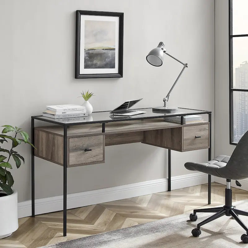 56" Glass Top Writing Desk with 2 Drawers | Tempered Glass & Steel