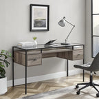56" Glass Top Writing Desk with 2 Drawers | Tempered Glass & Steel