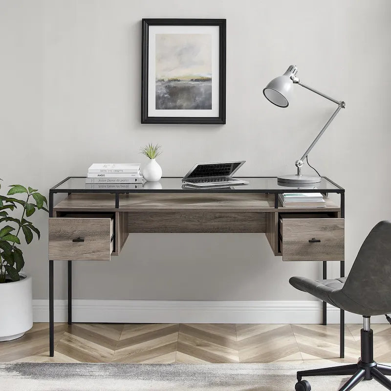 56" Glass Top Writing Desk with 2 Drawers | Tempered Glass & Steel
