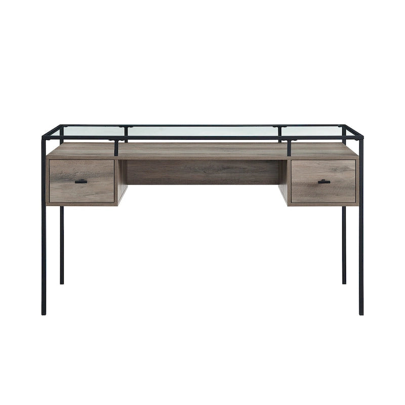 56" Glass Top Writing Desk with 2 Drawers | Tempered Glass & Steel