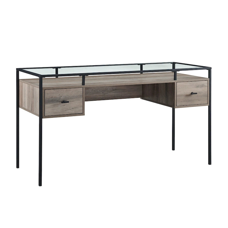 56" Glass Top Writing Desk with 2 Drawers | Tempered Glass & Steel