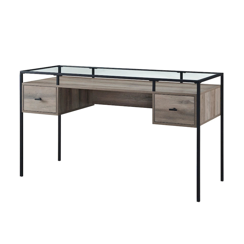 56" Glass Top Writing Desk with 2 Drawers | Tempered Glass & Steel