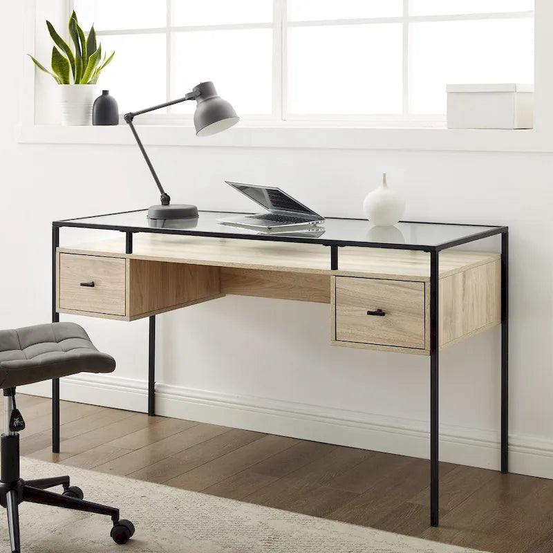 56" Glass Top Writing Desk with 2 Drawers | Tempered Glass & Steel
