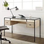 56" Glass Top Writing Desk with 2 Drawers | Tempered Glass & Steel