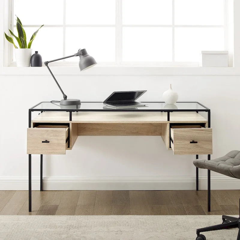 56" Glass Top Writing Desk with 2 Drawers | Tempered Glass & Steel
