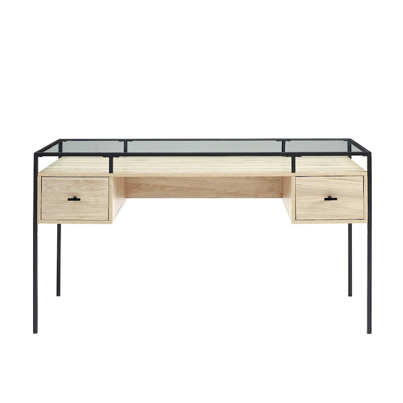 56" Glass Top Writing Desk with 2 Drawers | Tempered Glass & Steel