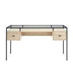 56" Glass Top Writing Desk with 2 Drawers | Tempered Glass & Steel