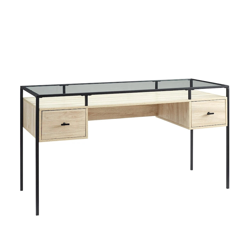 56" Glass Top Writing Desk with 2 Drawers | Tempered Glass & Steel