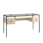 56" Glass Top Writing Desk with 2 Drawers | Tempered Glass & Steel