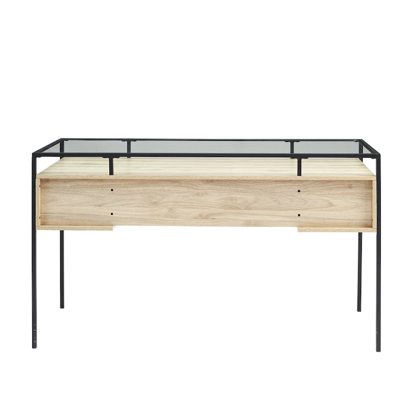 56" Glass Top Writing Desk with 2 Drawers | Tempered Glass & Steel