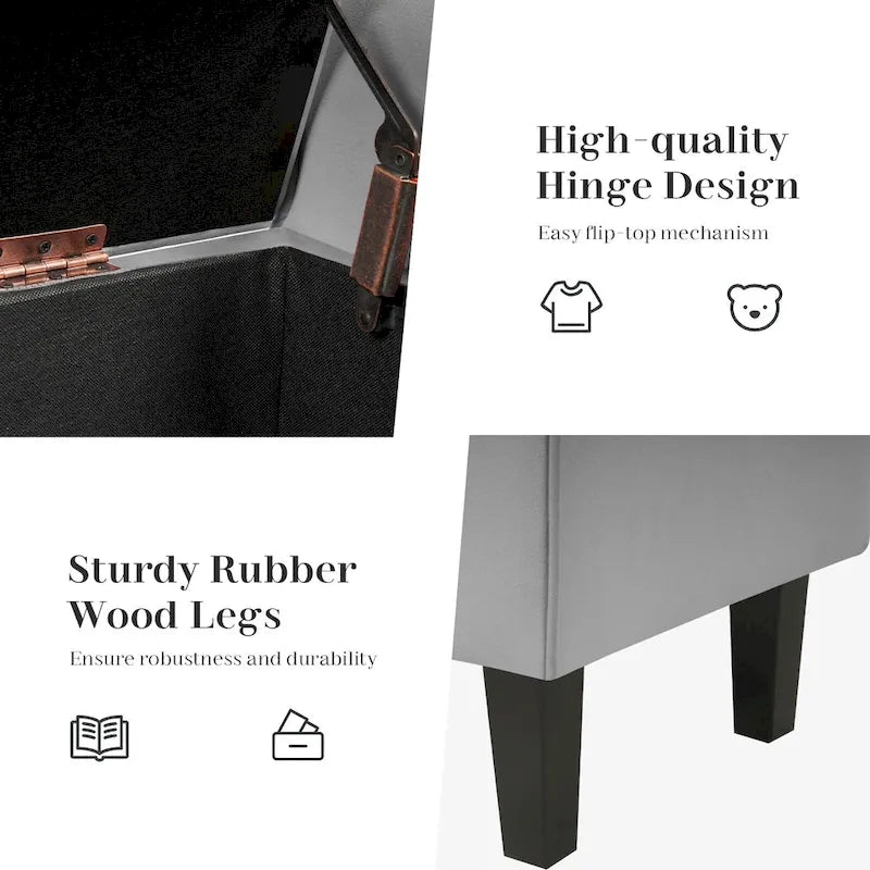 Banc de rangement en velours avec pieds en bois d'hévéa pour chambre à coucher