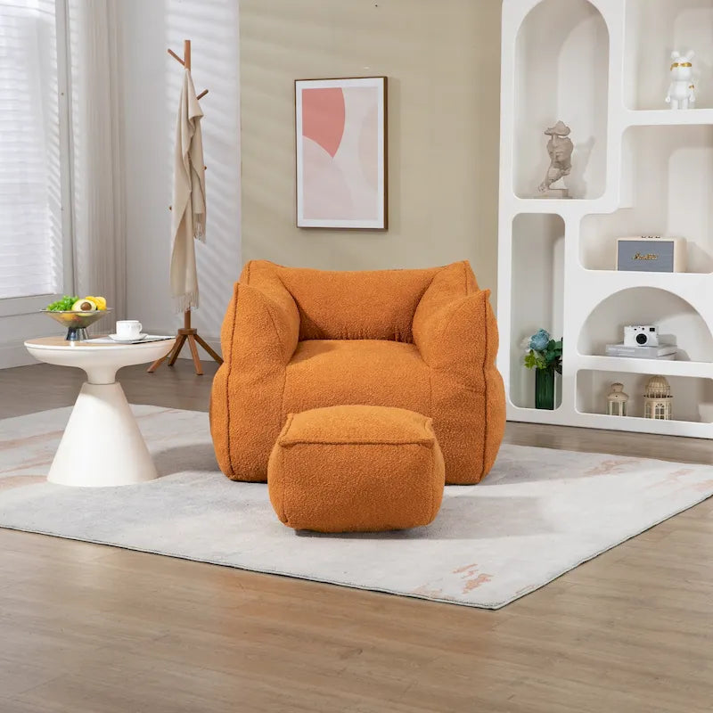 Boucle Deep Seat Armless Bean Bag Chair with Ottoman